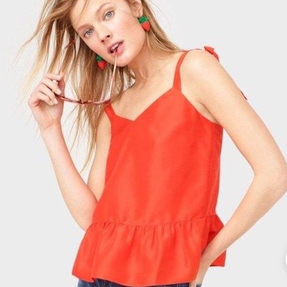 J. Crew Orange Silk Tie-Shoulder Peplum Top